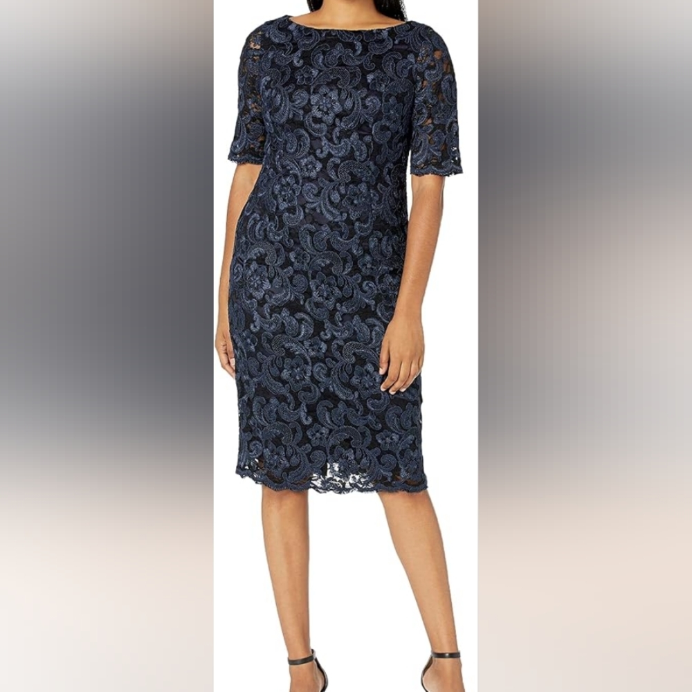 Eliza j navy blue lace over lay sheath dress high neck New size 6‎